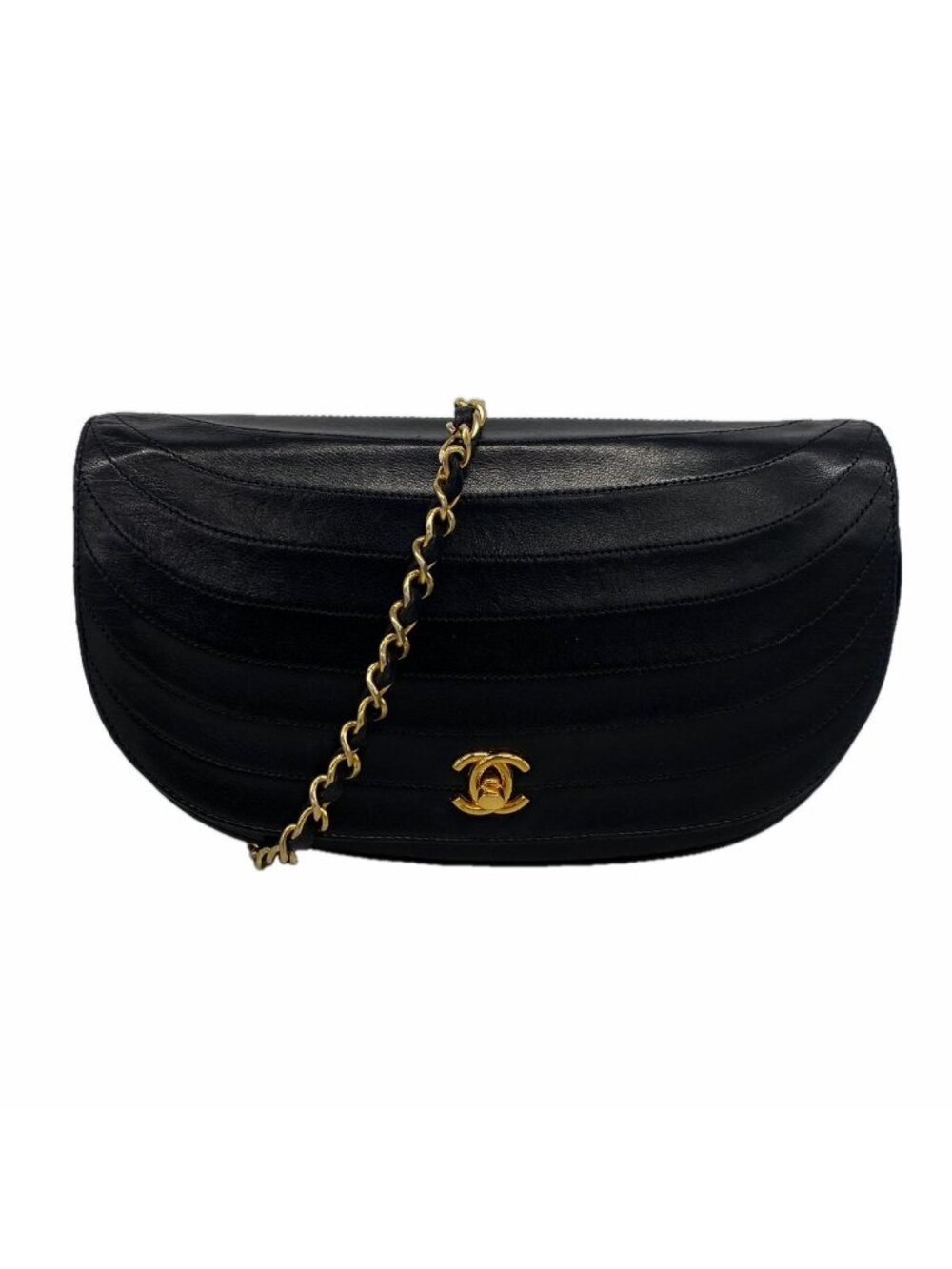 Chanel Shoulder Bag Half Moon Lambskin Black Gold